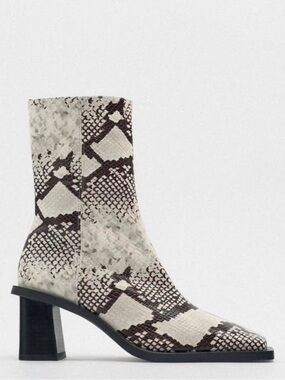 Zara Snake-Print Block Heel Ankle Boots - White & Brown